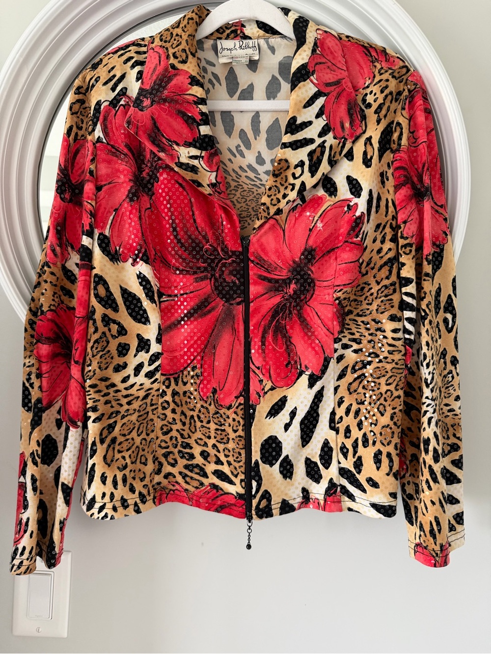 Joseph Ribkoff Red Floral on Leopard Zip Jacket